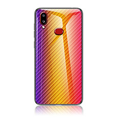 Samsung Galaxy M01s用ハイブリットバンパーケース プラスチック 鏡面 虹 グラデーション 勾配色 カバー LS2 サムスン オレンジ