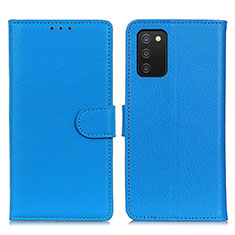 Samsung Galaxy M02s用手帳型 レザーケース スタンド カバー A03D サムスン ブルー