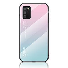 Samsung Galaxy M02s用ハイブリットバンパーケース プラスチック 鏡面 虹 グラデーション 勾配色 カバー LS1 サムスン シアン