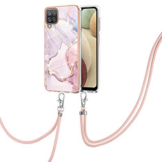 Samsung Galaxy M12用シリコンケース ソフトタッチラバー バタフライ パターン カバー 携帯ストラップ Y05B サムスン ピンク