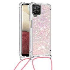 Samsung Galaxy M12用シリコンケース ソフトタッチラバー ブリンブリン カバー 携帯ストラップ S03 サムスン ピンク