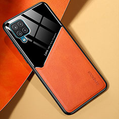 Samsung Galaxy M12用シリコンケース ソフトタッチラバー レザー柄 アンドマグネット式 サムスン オレンジ