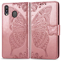Samsung Galaxy M20用手帳型 レザーケース スタンド バタフライ 蝶 カバー サムスン ピンク