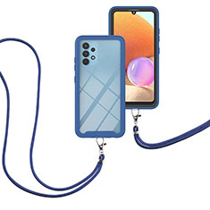 Samsung Galaxy M32 5G用ハイブリットバンパーケース プラスチック 兼シリコーン カバー 前面と背面 360度 フル 携帯ストラップ サムスン ネイビー