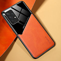 Samsung Galaxy M32 5G用シリコンケース ソフトタッチラバー レザー柄 アンドマグネット式 サムスン オレンジ
