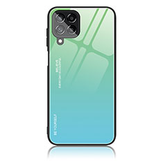 Samsung Galaxy M33 5G用ハイブリットバンパーケース プラスチック 鏡面 虹 グラデーション 勾配色 カバー LS1 サムスン シアン