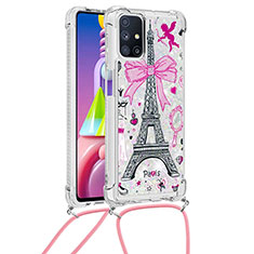 Samsung Galaxy M51用シリコンケース ソフトタッチラバー ブリンブリン カバー 携帯ストラップ S02 サムスン ピンク