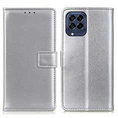 Samsung Galaxy M53 5G用手帳型 レザーケース スタンド カバー A08D サムスン シルバー