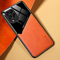 Samsung Galaxy M53 5G用シリコンケース ソフトタッチラバー レザー柄 アンドマグネット式 サムスン オレンジ