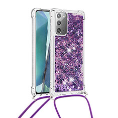 Samsung Galaxy Note 20 5G用シリコンケース ソフトタッチラバー ブリンブリン カバー 携帯ストラップ S03 サムスン パープル