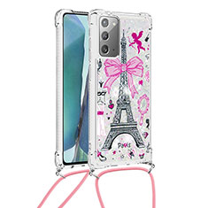 Samsung Galaxy Note 20 5G用シリコンケース ソフトタッチラバー ブリンブリン カバー 携帯ストラップ S02 サムスン ピンク