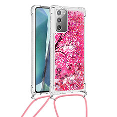 Samsung Galaxy Note 20 5G用シリコンケース ソフトタッチラバー ブリンブリン カバー 携帯ストラップ S02 サムスン ローズレッド