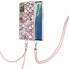 Samsung Galaxy Note 20 5G用シリコンケース ソフトタッチラバー バタフライ パターン カバー 携帯ストラップ Y03B サムスン ブラウン
