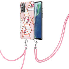 Samsung Galaxy Note 20 5G用シリコンケース ソフトタッチラバー バタフライ パターン カバー 携帯ストラップ Y02B サムスン ピンク