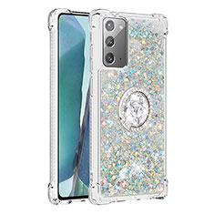 Samsung Galaxy Note 20 5G用シリコンケース ソフトタッチラバー ブリンブリン カバー アンド指輪 S01 サムスン シルバー