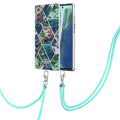 Samsung Galaxy Note 20 5G用シリコンケース ソフトタッチラバー バタフライ パターン カバー 携帯ストラップ Y01B サムスン モスグリー