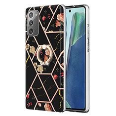 Samsung Galaxy Note 20 5G用シリコンケース ソフトタッチラバー バタフライ パターン カバー アンド指輪 Y02B サムスン ブラック