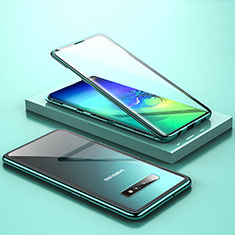 Samsung Galaxy S10 5G用ケース 高級感 手触り良い アルミメタル 製の金属製 360度 フルカバーバンパー 鏡面 カバー T04 サムスン シアン