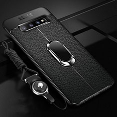 Samsung Galaxy S10 5G用シリコンケース ソフトタッチラバー レザー柄 アンド指輪 マグネット式 T02 サムスン ブラック