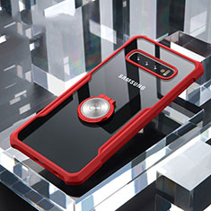 Samsung Galaxy S10 5G用360度 フルカバーハイブリットバンパーケース クリア透明 プラスチック 鏡面 アンド指輪 マグネット式 サムスン レッド