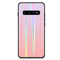 Samsung Galaxy S10 5G用ハイブリットバンパーケース プラスチック 鏡面 虹 グラデーション 勾配色 カバー M02 サムスン ローズゴールド