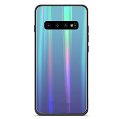 Samsung Galaxy S10 5G用ハイブリットバンパーケース プラスチック 鏡面 虹 グラデーション 勾配色 カバー M02 サムスン ネイビー