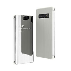 Samsung Galaxy S10 5G SM-G977B用手帳型 レザーケース スタンド 鏡面 カバー L01 サムスン シルバー