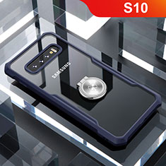 Samsung Galaxy S10用360度 フルカバーハイブリットバンパーケース クリア透明 プラスチック 鏡面 アンド指輪 マグネット式 サムスン ネイビー