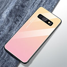 Samsung Galaxy S10用ハイブリットバンパーケース プラスチック 鏡面 虹 グラデーション 勾配色 カバー M01 サムスン ピンク