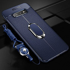 Samsung Galaxy S10 Plus用シリコンケース ソフトタッチラバー レザー柄 アンド指輪 マグネット式 T02 サムスン ネイビー