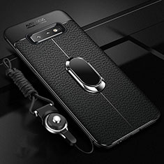 Samsung Galaxy S10 Plus用シリコンケース ソフトタッチラバー レザー柄 アンド指輪 マグネット式 T02 サムスン ブラック