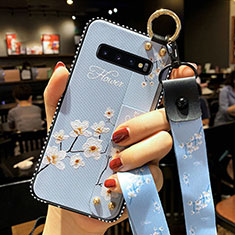 Samsung Galaxy S10 Plus用シリコンケース ソフトタッチラバー 花 カバー K02 サムスン ブルー