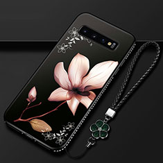 Samsung Galaxy S10 Plus用シリコンケース ソフトタッチラバー 花 カバー K03 サムスン ブラウン