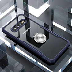 Samsung Galaxy S10 Plus用360度 フルカバーハイブリットバンパーケース クリア透明 プラスチック 鏡面 アンド指輪 マグネット式 サムスン ネイビー