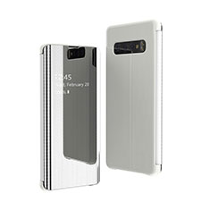 Samsung Galaxy S10 Plus用手帳型 レザーケース スタンド 鏡面 カバー A01 サムスン シルバー