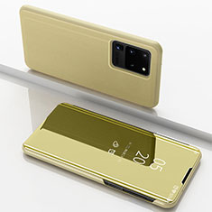 Samsung Galaxy S20 Ultra 5G用手帳型 レザーケース スタンド 鏡面 カバー サムスン ゴールド