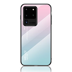 Samsung Galaxy S20 Ultra用ハイブリットバンパーケース プラスチック 鏡面 虹 グラデーション 勾配色 カバー LS1 サムスン シアン