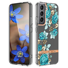 Samsung Galaxy S21 5G用シリコンケース ソフトタッチラバー 花 カバー サムスン シアン