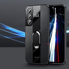 Samsung Galaxy S21 5G用シリコンケース ソフトタッチラバー レザー柄 アンド指輪 マグネット式 S03 サムスン ブラック