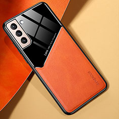 Samsung Galaxy S21 5G用シリコンケース ソフトタッチラバー レザー柄 アンドマグネット式 M01 サムスン オレンジ