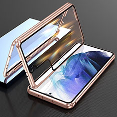Samsung Galaxy S21 5G用ケース 高級感 手触り良い アルミメタル 製の金属製 360度 フルカバーバンパー 鏡面 カバー M01 サムスン ゴールド