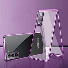 Samsung Galaxy S21 FE 5G用ケース 高級感 手触り良い アルミメタル 製の金属製 360度 フルカバーバンパー 鏡面 カバー M03 サムスン パープル