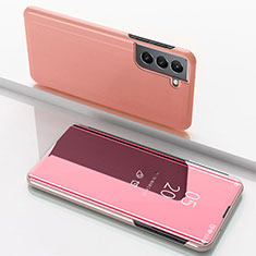 Samsung Galaxy S21 FE 5G用手帳型 レザーケース スタンド 鏡面 カバー サムスン ローズゴールド