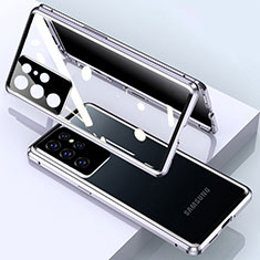 Samsung Galaxy S21 Ultra 5G用ケース 高級感 手触り良い アルミメタル 製の金属製 360度 フルカバーバンパー 鏡面 カバー M03 サムスン シルバー