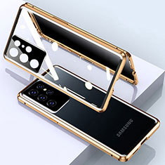 Samsung Galaxy S21 Ultra 5G用ケース 高級感 手触り良い アルミメタル 製の金属製 360度 フルカバーバンパー 鏡面 カバー M03 サムスン ゴールド