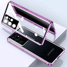 Samsung Galaxy S21 Ultra 5G用ケース 高級感 手触り良い アルミメタル 製の金属製 360度 フルカバーバンパー 鏡面 カバー M03 サムスン パープル