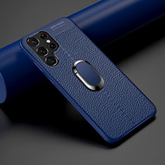 Samsung Galaxy S21 Ultra 5G用シリコンケース ソフトタッチラバー レザー柄 アンド指輪 マグネット式 S02 サムスン ネイビー