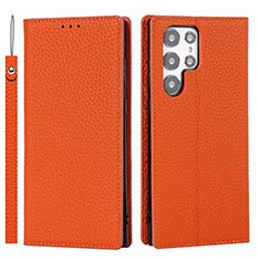 Samsung Galaxy S21 Ultra 5G用手帳型 レザーケース スタンド カバー T02D サムスン オレンジ