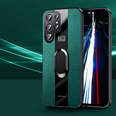 Samsung Galaxy S21 Ultra 5G用シリコンケース ソフトタッチラバー レザー柄 アンド指輪 マグネット式 S03 サムスン グリーン