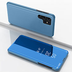 Samsung Galaxy S21 Ultra 5G用手帳型 レザーケース スタンド 鏡面 カバー H01 サムスン ブルー